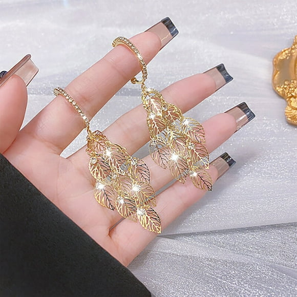 iTNHFP Small Hoop Earrings Leaftassel Earrings Temperament Long Rhinestone Leaf Earrings Lover