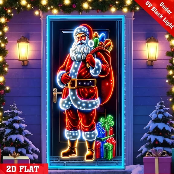 Kumdkd Fluorescent Christmas Door Cover 35x71 Inch, Santa and Tree Printed Holiday Banner for Indoor Outdoor Decor, Glowing Party Backdrop, Front Door Decoration for Home Christmas Party