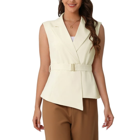 INSPIRE CHIC Women's Sleeveless V Neck Belted Lapel Collar Work Vest XS Beige