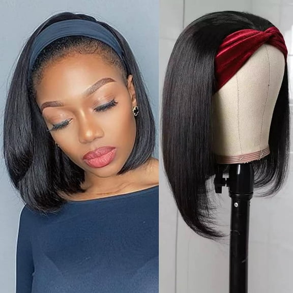 DAPRZIY Synthetic Headband Wigs for Women, Straight Bob Headband Wig, No Lace Glueless Half Wig, Natural Black Hair for Daily Wear