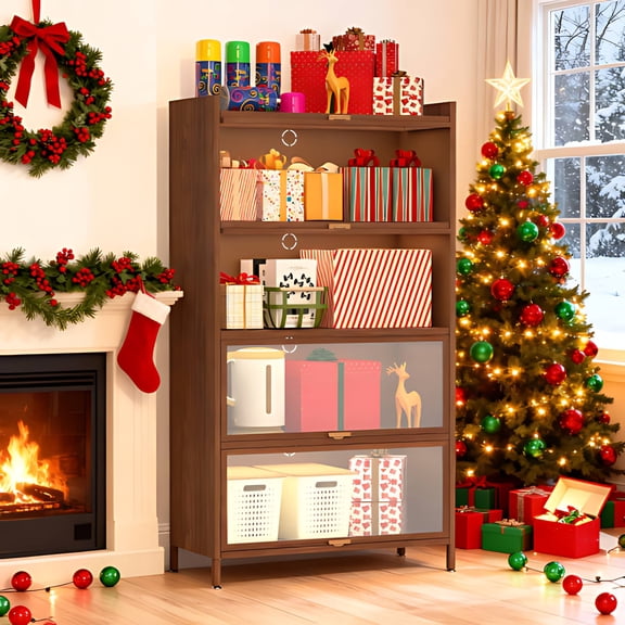 SESSLIFE Metal Storage Cabinet with Doors and Shelves, 57" Steel Utility Cabinet for Kitchen, Bathroom Storage Cabinet for Small Spaces, Narrow Freestanding Cabinet, Walnut