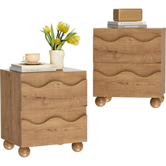 Scalloped Nightstand Set of Two for Bedroom with 2 Drawers, Modern Night Stand Set of 2 with Hidden Handle, Wooden End Table, Fluted Wood Bedside Table for Living Room, Natural Oak