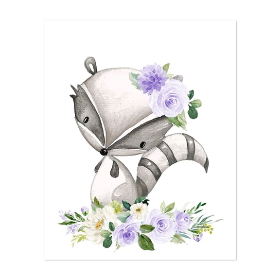 Raccoon, Forest Animals, Woodland Animals, Boho, Purple Flowers, Gender Neutral Nursery - Illustration Animal Watercolor Floral Whimsical Woodland Flowers Unframed Wall Art Print 6 x 8 inches