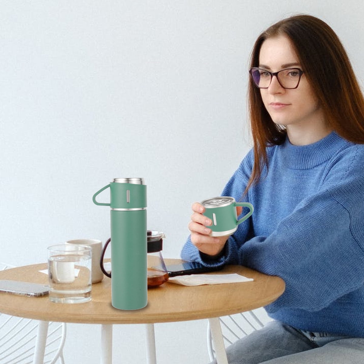 Tcwhniev 500ml/17.6oz Vacuum Insulated Flask Double Walled Vacuum Flask Stainless Steel Thermo Bottle with Cup for Coffee Tea Hot Drink and Cold Drink Travel Mug