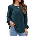 thumbnail image 1 of Blusas de manga larga para mujer, Color puro, cierre de botones, holgadas, informales, cuello redondo, parte delantera plisada, Top de gasa, azul, verde, XXL, 1 of 6