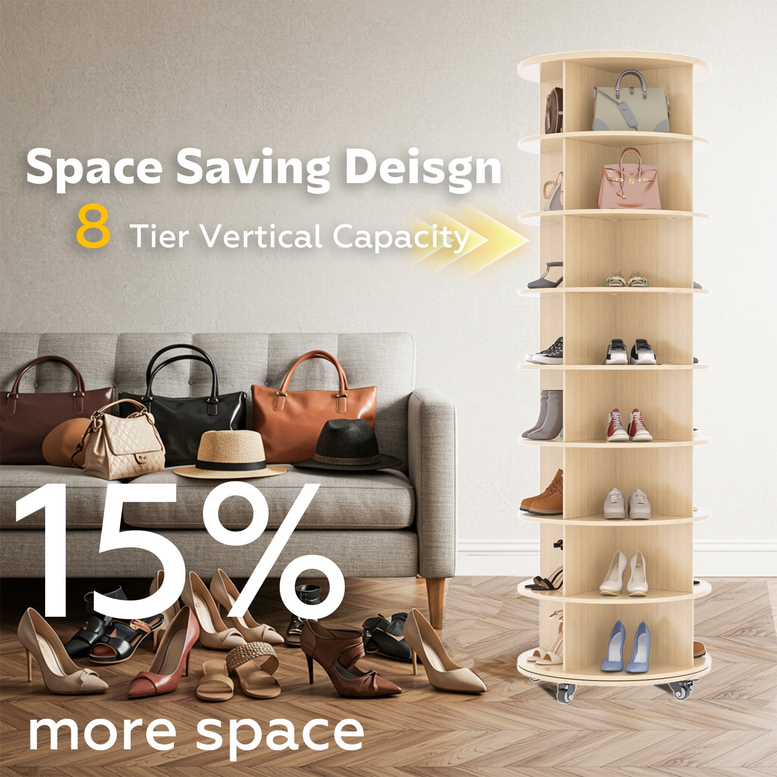 YODOLLA 8 Tier Rotating Shoe Rack with 4 Universal Casters, 360° Spinning Shoe Display Lazy Susan in Natural (23.6’’×23.6’’×74’’)