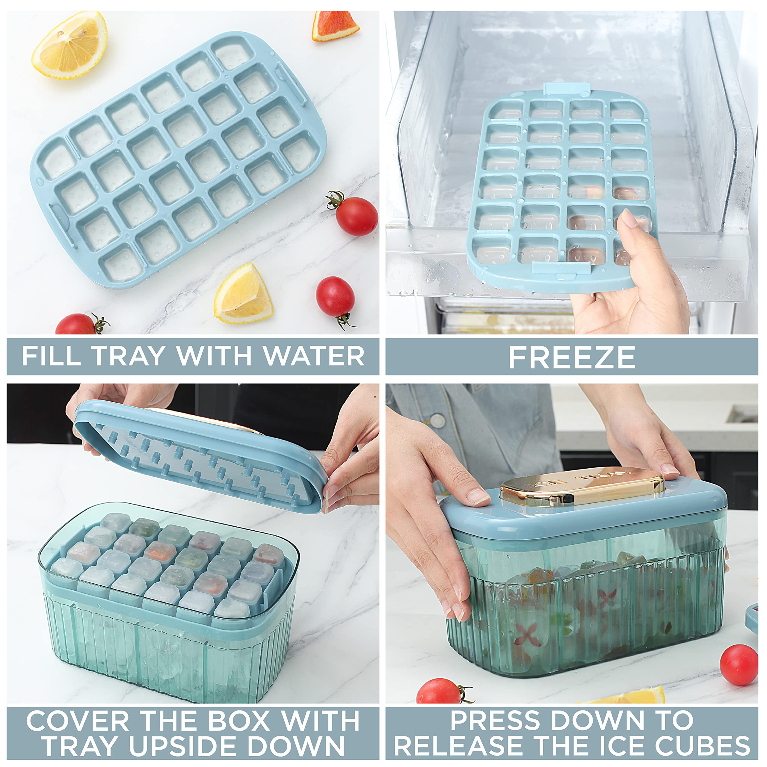 Ice Cube Tray with Lid and Bo - Ice Cube Mold for Refrigerator BPA Free Ice  Container with Spoon and Lid Blue Green Powder (Green+165)