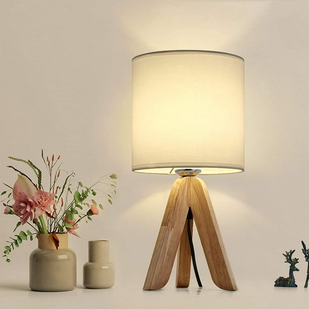 Small Bedside Table Lamp Wooden Tripod Nightstand Lamp for Bedroom