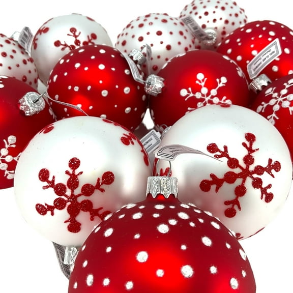 3 Inch White and Red Design Glass Christmas Ball Ornaments 12 Piece Set