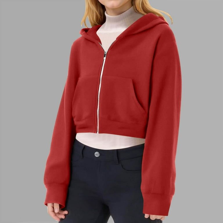Jinhomg Hoodies for Teen Girls Cropped Zip Up Drawstring Hoodie