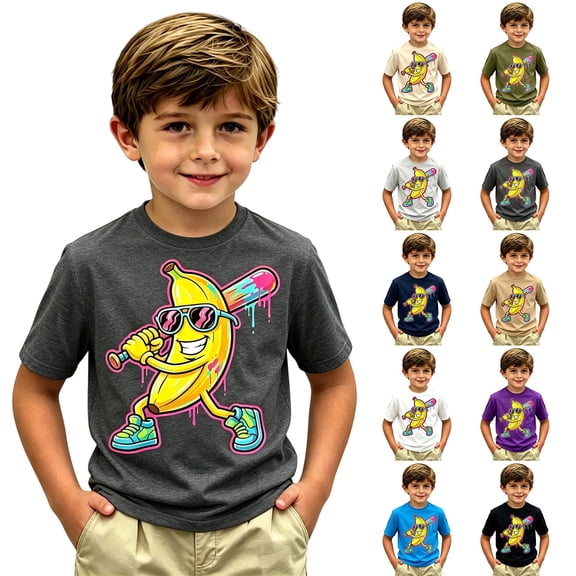 Gelikeya Kids Boys Banana Baseball Graphic T-Shirt, Short Sleeve Crew Neck Casual Tee, Trendy Sport Top for Toddler Boy (Black, 2-3 Years)