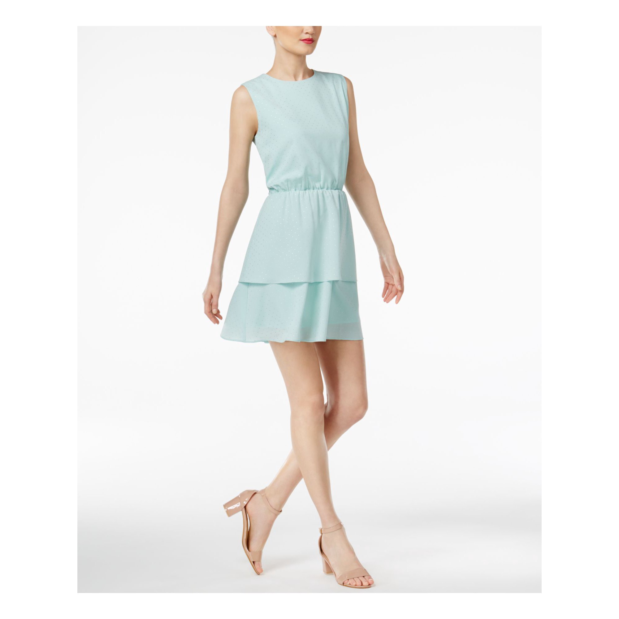 CR BY CYNTHIA ROWLEY Womens Aqua Sleeveless Jewel Neck Above The Knee Fit + Flare Dress L