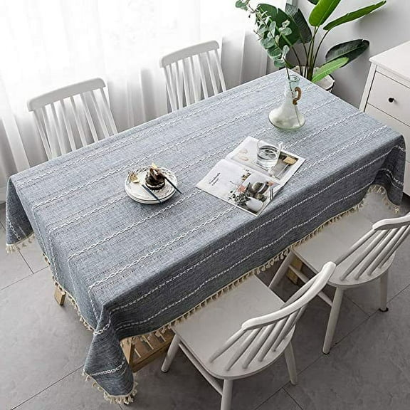 XmhyTop-A Table Cloth Cotton Linen Tablecloth Wrinkle Free Stitching Tassel Tablecloth Rectangle Table Cloth for Dinning Kitchen Tabletop Decoration (Light Blue Gray, Square,55 x 71 Inch)