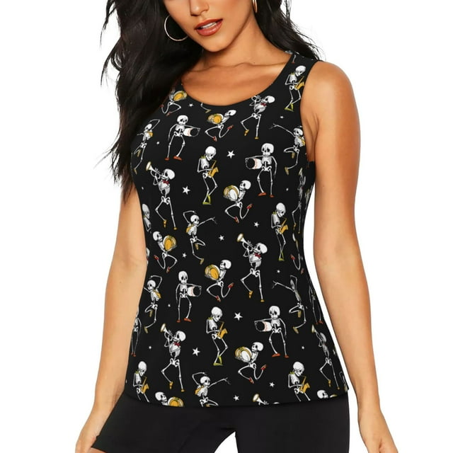 Balery Playing Music Skeletons Camiseta sin mangas estampada ligera para mujer, tops de entrenamiento sin mangas, camisetas de yoga transpirables de secado rápido.-Large