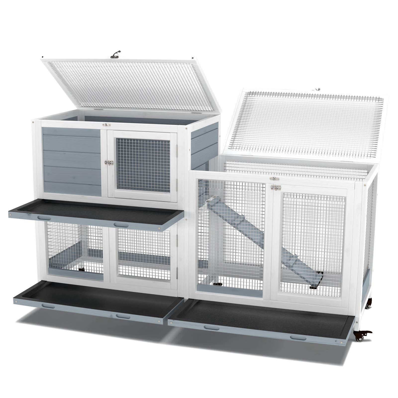 58 Inch Two Tier Wooden Rabbit Hutch Indoor Cage with Wheels for Small Pets Guinea Pig House Waterproof Leakproof Tray Grey