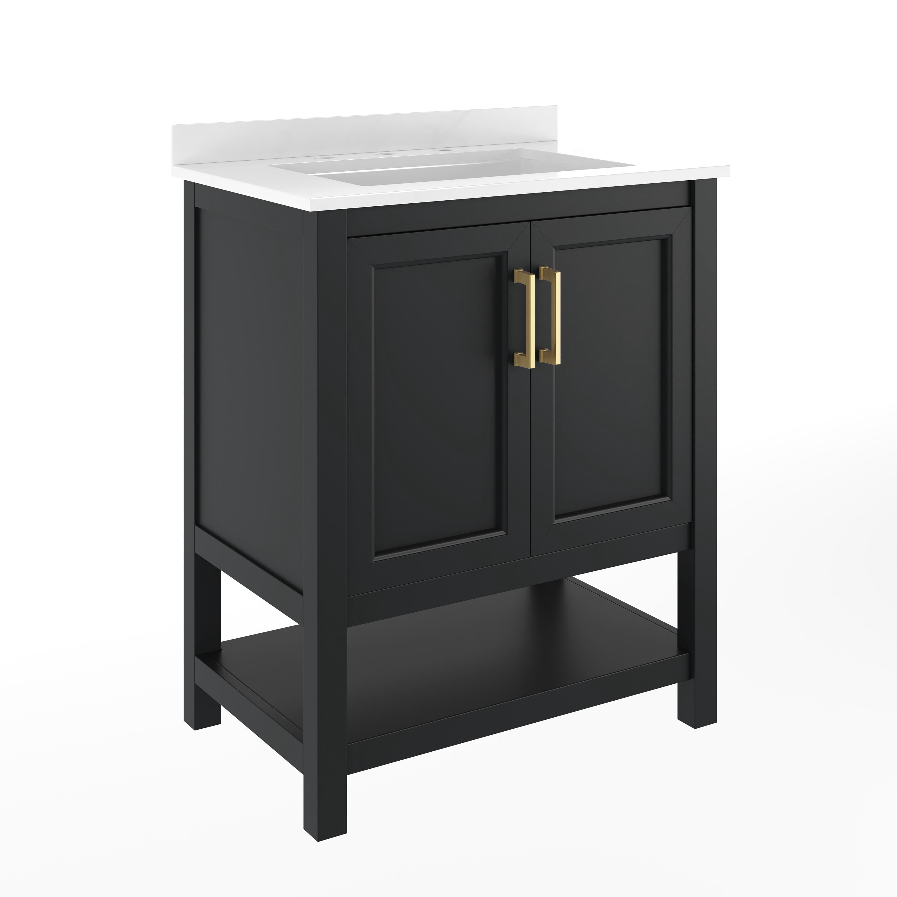 Emma + Oliver 30 Inch Bathroom Vanity, Single Sink Cabinet with 2 Soft Close Doors and Open Shelf, Carrara Marble Finish Countertop, Gold with Gold Hardware