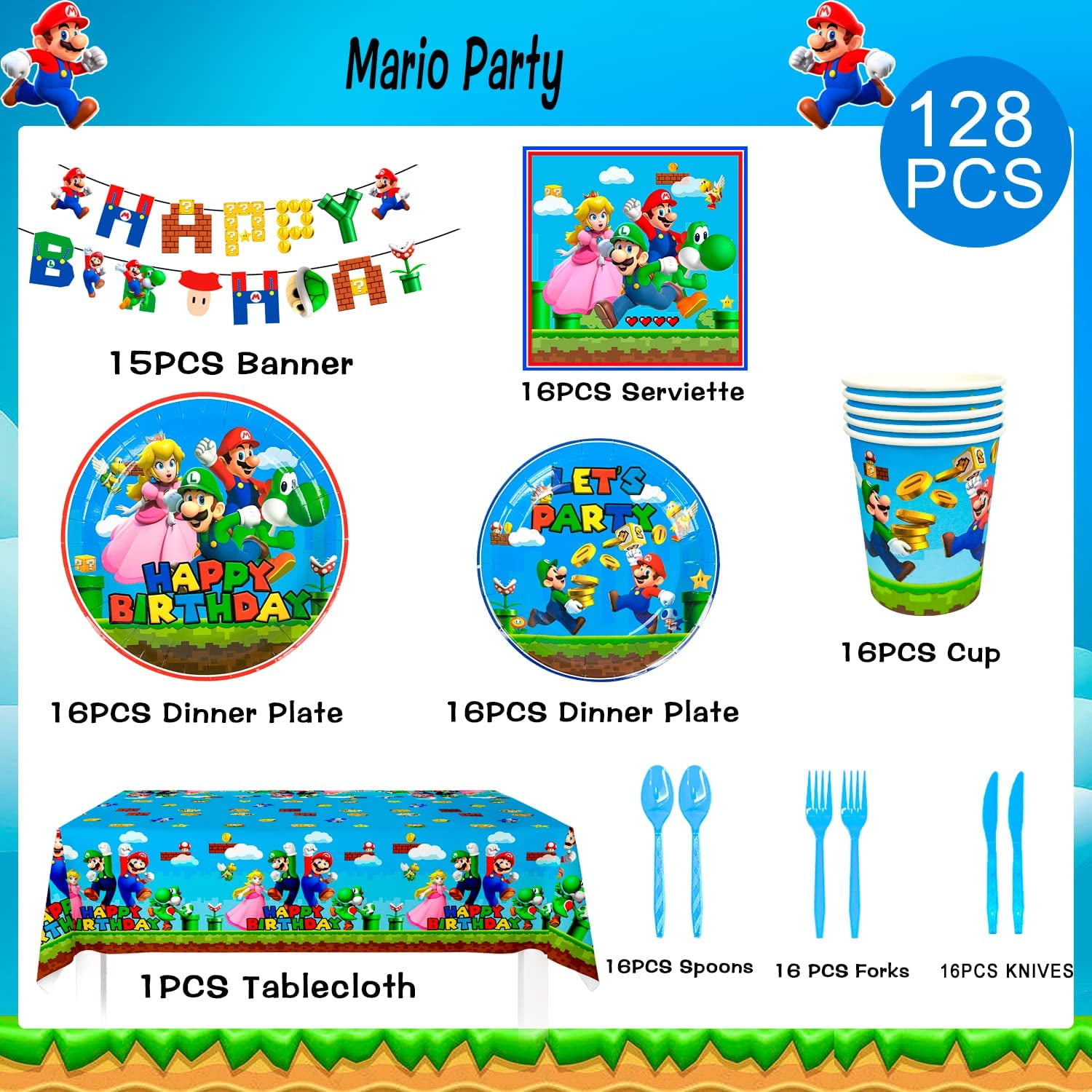 Super Mario Birthday Party Supplies-128pcs Super Mario Tableware Party Supplies Include Mario Party Plates and Napkins Cups Tablecloth&Banner for Boys/Girls Kids Mario Birthday Party Decorations
