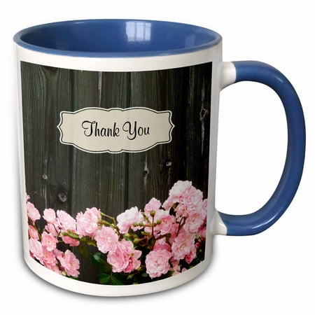 3dRose Thank You Greeting over Image of Rambling Roses - Two Tone Blue Mug,