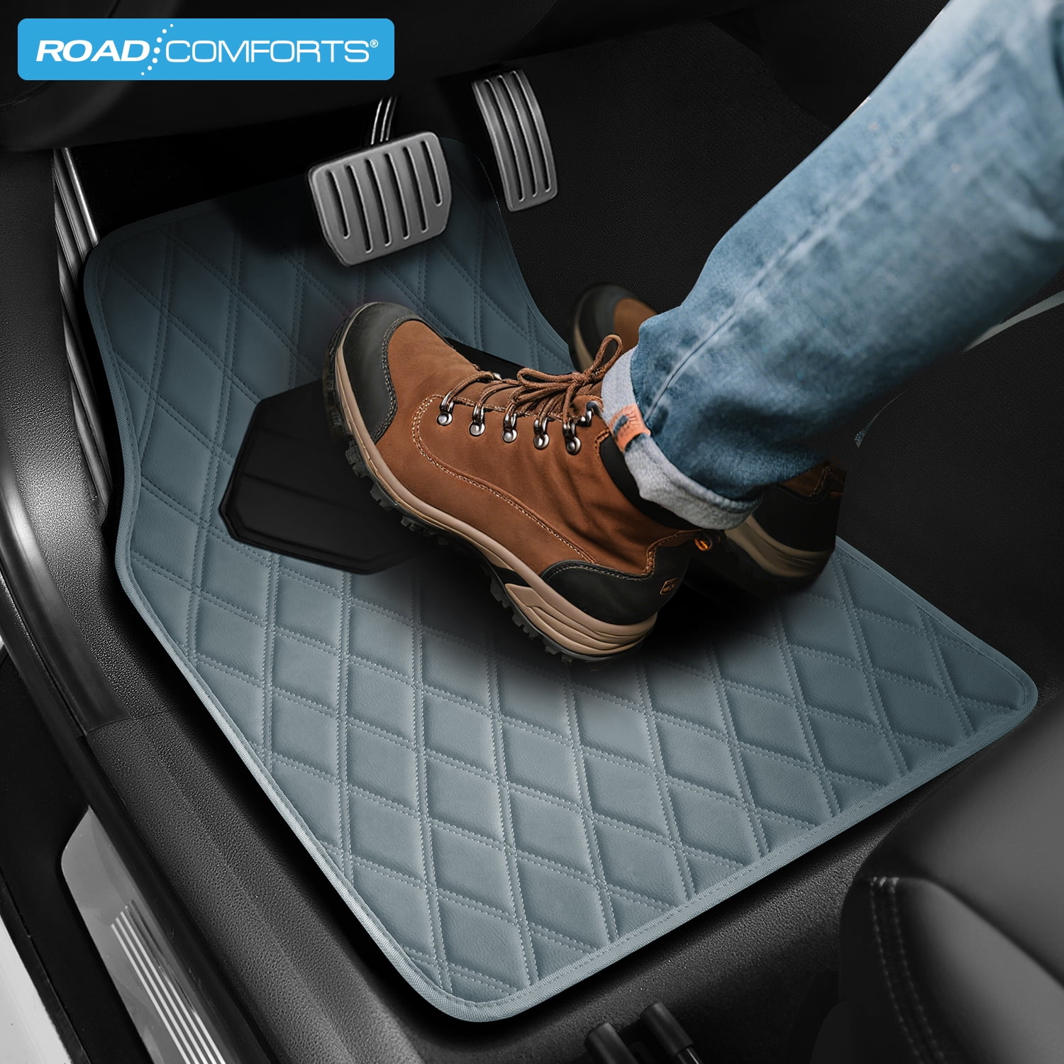 Road Comforts 4PC Leather Quilted Car Floor Mats, Stylish, Durable, Waterproof, Non-Slip, Full Coverage for Cars and SUVs Gray