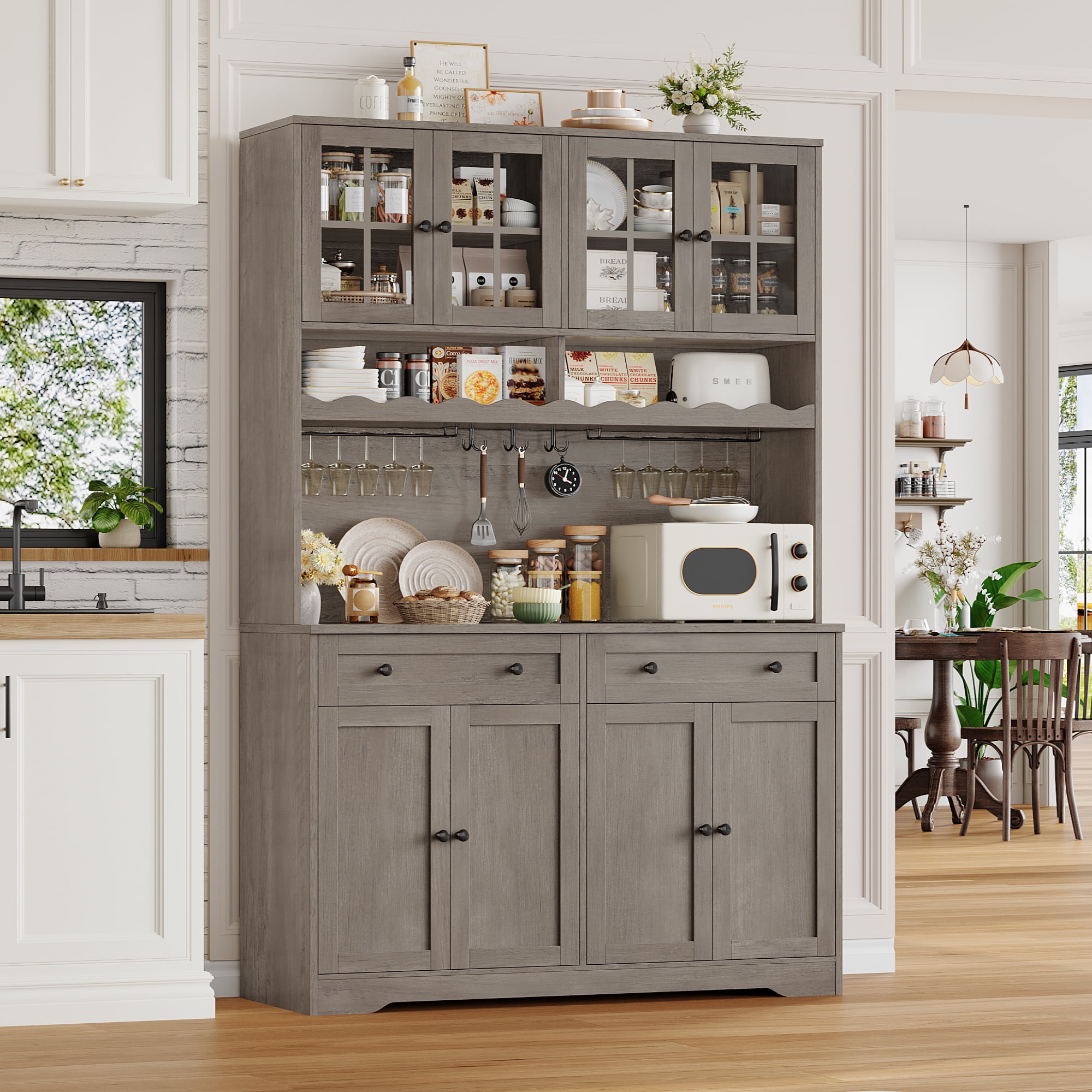 Hiphuta 75"Tall Kitchen Pantry Storage Cabinet with Power Outlet, Large Pantry Cabinet with Microwave Stand, Modern Freestanding Cupboard Hutch for Home Dinning Room, Ash Gray
