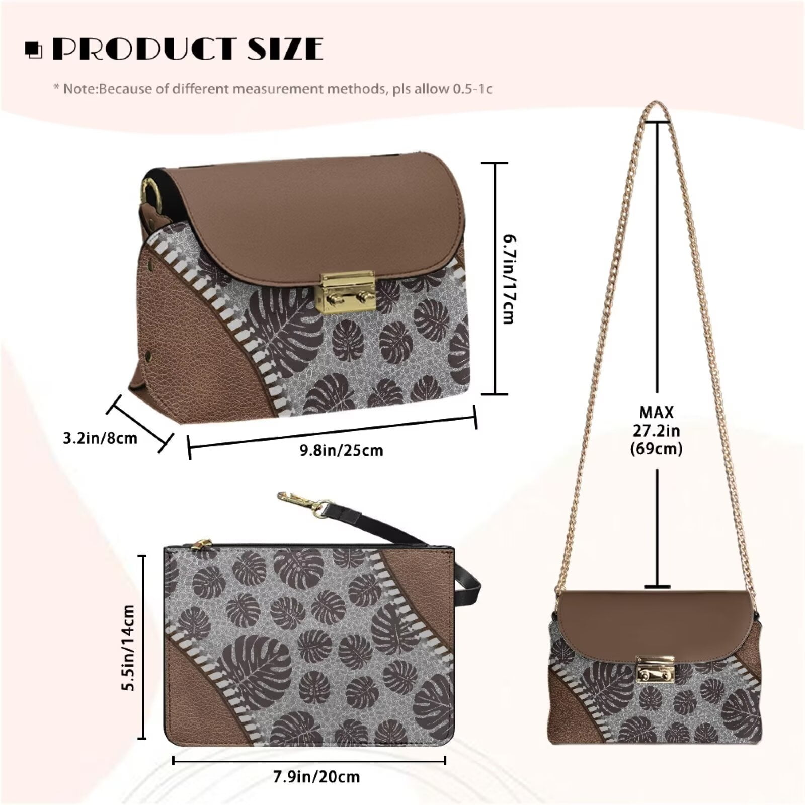 KUIFORTI Brown Leaf Crossbody Bags for Women Fashion Small Shoulder Bag Ladies Handbag Functional Casual Purse Shoulder Bags with Chain Strap for Camping Parties