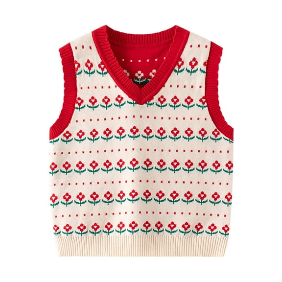 Odeerbi Toddler Boys Floral Sweater Vest Children's Colorful Checkered Double-Layer Knitted Sleeveless Sweater Winter Warm V-Neck Clothing Red