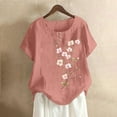thumbnail image 2 of Dazajoo Womens Floral Linen Shirt Casual Short Sleeve Summer Tops Crew Neck Lightweight Cotton Blouses,Pink,L, 2 of 5