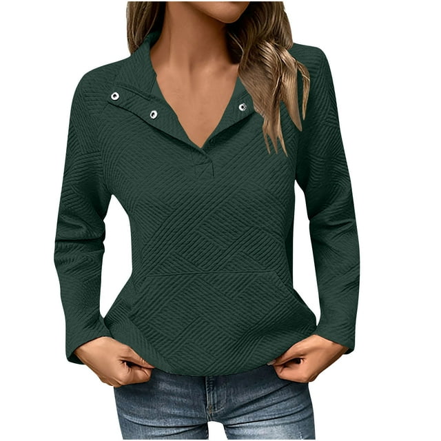 aidice Womens Sweatshirts Lapel Neck Button Long Sleeve Texture Fall Pullover Tops with Kangaroo Pockets