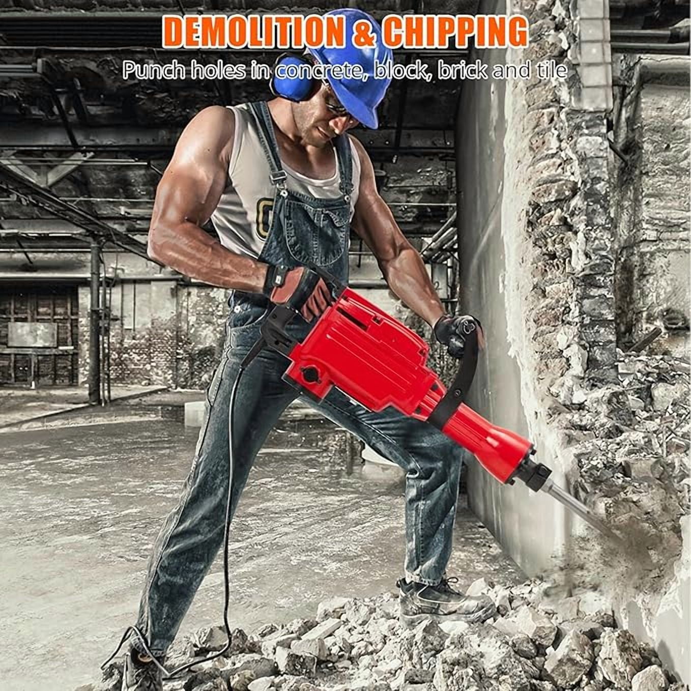 Demolition Jack Hammer - Max 1700W Electric Heavy Duty, Concrete Breaker, 4pcs Pieces Bit, Chipping W/Case, Gloves, Red