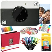 Kodak Printomatic Instant Camera (Black) Zink Paper (20 Sheets) + 8x8 Scrapbook + 12 Markers + 100 Stickers + 6 Scissors + Washi Tape