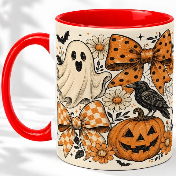 Retro Ghost Pumpkin Accent Mug, 11oz Ceramic Coffee Cup for Halloween