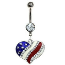 USA American Flag Heart Charm Patriotic 4th of July Clear Barbell Belly Ring