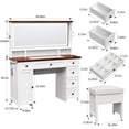 thumbnail image 6 of Farmhouse Vanity Desk with Lighted Mirror, 6 Drawers & Cabinet, Glass Top, 45"W, Dark Walnut & White, 6 of 9