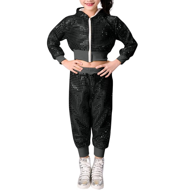 Odeerbi 1-8 Años Niños Niñas Sudaderas Con Capucha de Lentejuelas Sudaderas Con Capucha de Algodón Brillante Hip Hop Escenario Trajes Pantalones Largos Conjunto