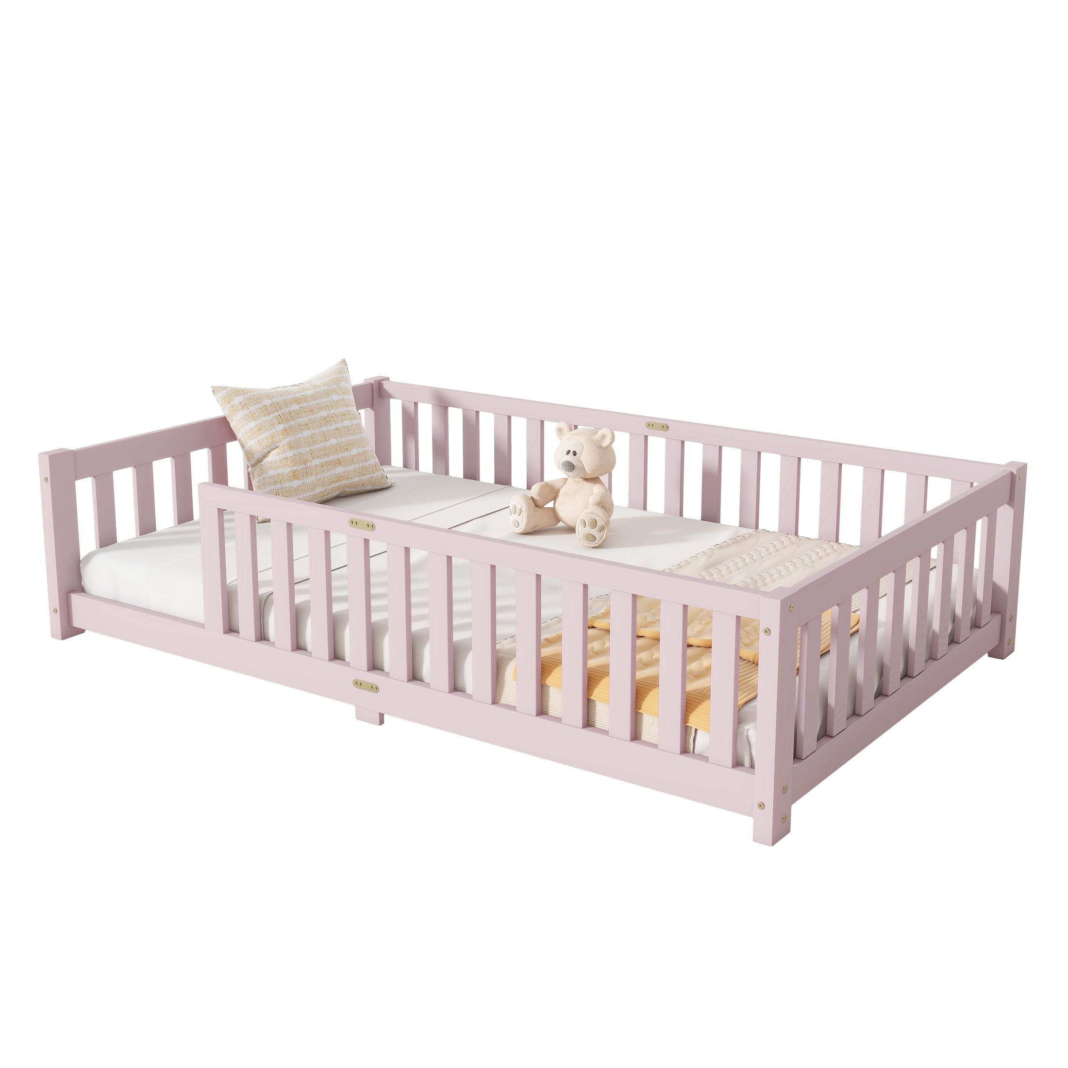 Sesslife Twin Montessori Floor Bed, Wood Twin Size Floor Bed Frame with Safety Guardrails and Slats, Low Profile Toddler Bed for Kids Boys and Girls, No Box Spring Needed, Pink