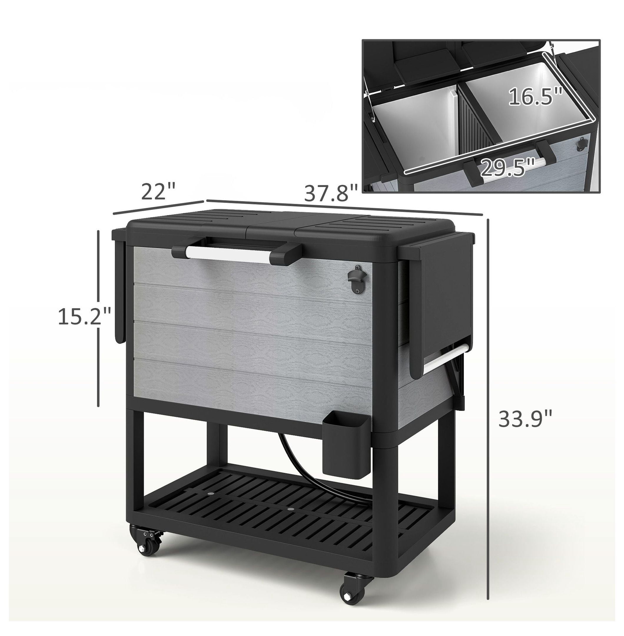 104 Quart Cooler Cart, Outdoor Rolling Ice Chest with Bottle Opener & Wheels - Large Capacity Patio Cooler for Parties, Gray