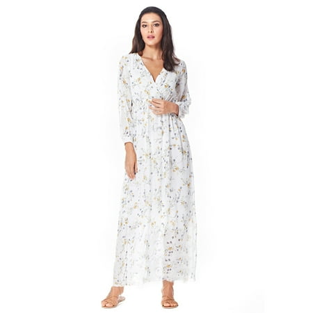 - Womens Bohemian Chiffon Floral Print Wrap V Neck Flowy Pleated Long Plus Dress