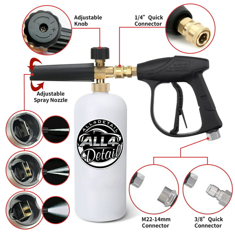  POHIR Pressure Washer Gun with Foam Cannon Kit, Car Wash Foam  Short Gun with 1/4 Inch Quick Connector, Turbo Nozzle 4000 PSI, 9 Pack  Pressure Washer Nozzle Spray Tips Full Set 