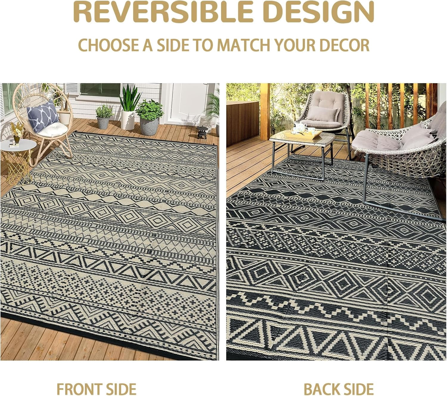 Twister.CK 9' x 12' Plastic Outdoor Rugs, Waterproof Bohemia Straw Rug Reversible Outside Carpet for Patio Deck Porch Backyard Camping Picnic Beach, Black & Brown