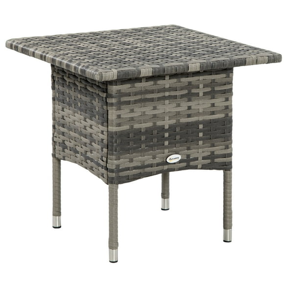 Outsunny Rattan End Table W/ Full Woven Top Outdoor Coffee Table, Grey