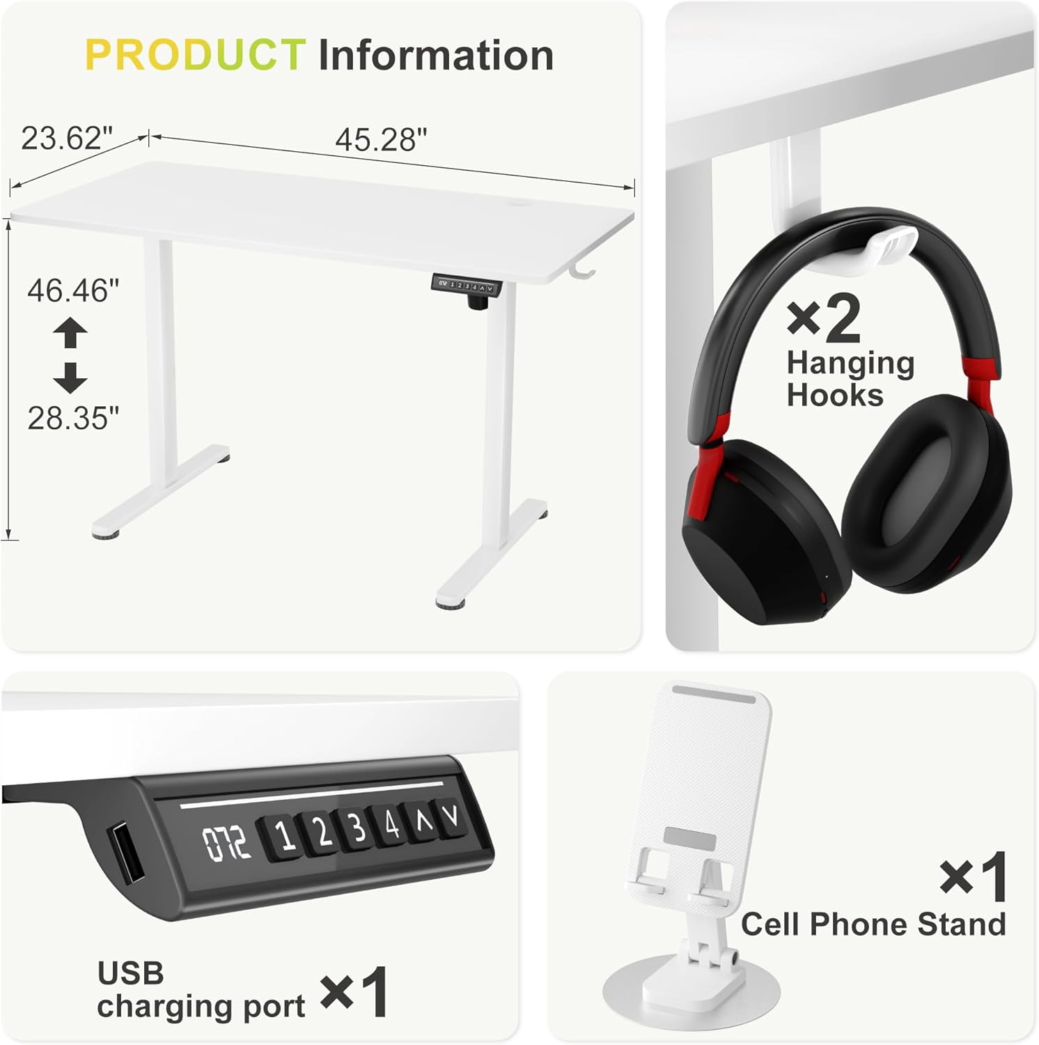 JessieMal Electric Standing Desk, 45 x 24 Inches Sit Stand up Desk, Sit Stand Height Adjustable Home Office Desk with 4 Height Position Memory - with Splice Board (White, 45)