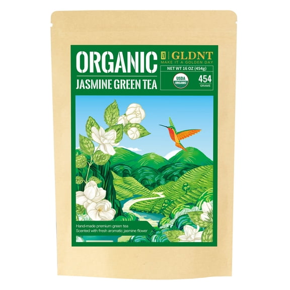 GLDNT Organic Jasmine Green Tea Loose leaf, Delightful Aroma & Delicate Flavor, Low Caffeine, 16 oz