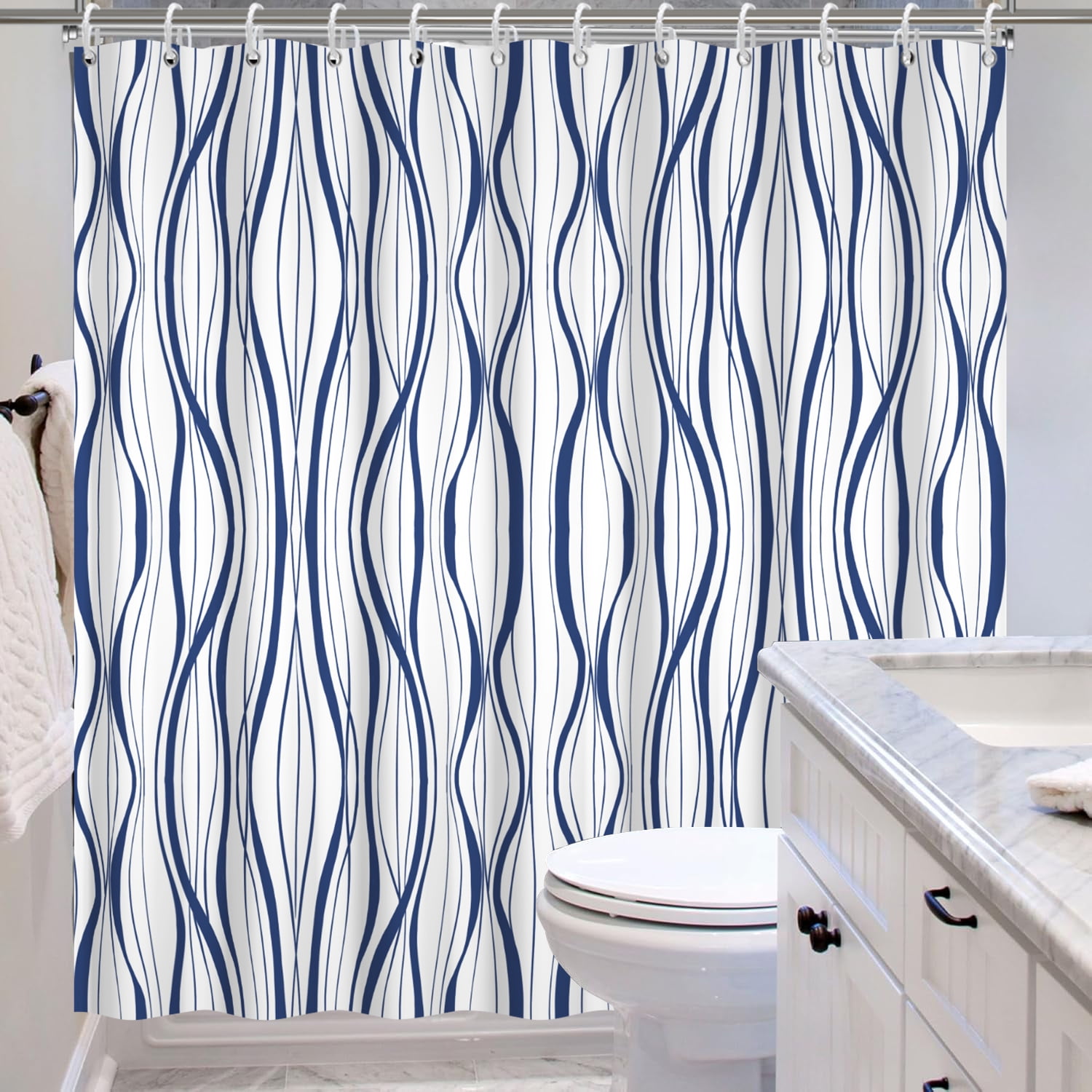 Pbobriich Abstract Striped Shower Curtain for Bathroom Navy Blue Modern Minimalist Shower Curtain with Hooks,72x78 Inches
