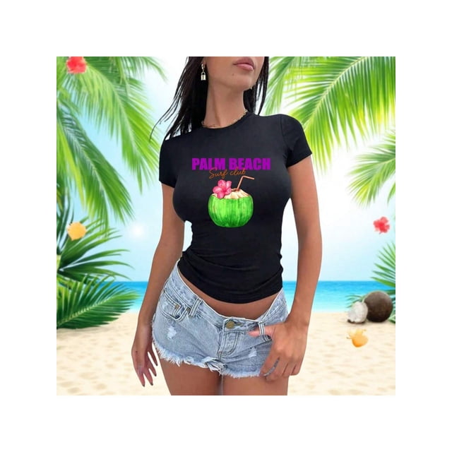 Playera Blusa De Palm Beach Surf Club – Vibra Tropical con Sabor a Coco Color Negro Talla Grande Marca Emil SaEs