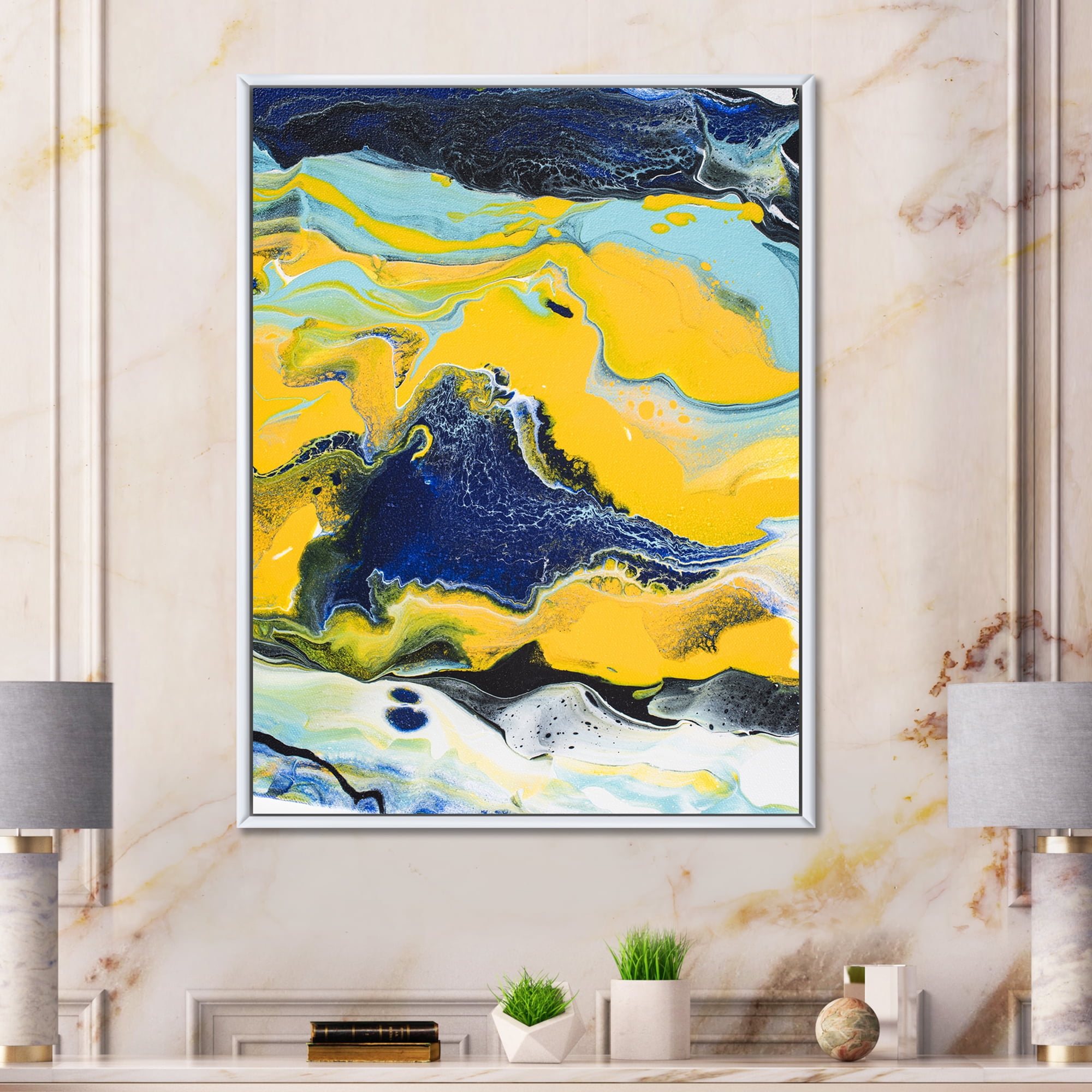 Designart 'Abstract Marble Composition In Blue and Yellow I' Modern Framed Canvas Wall Art Print