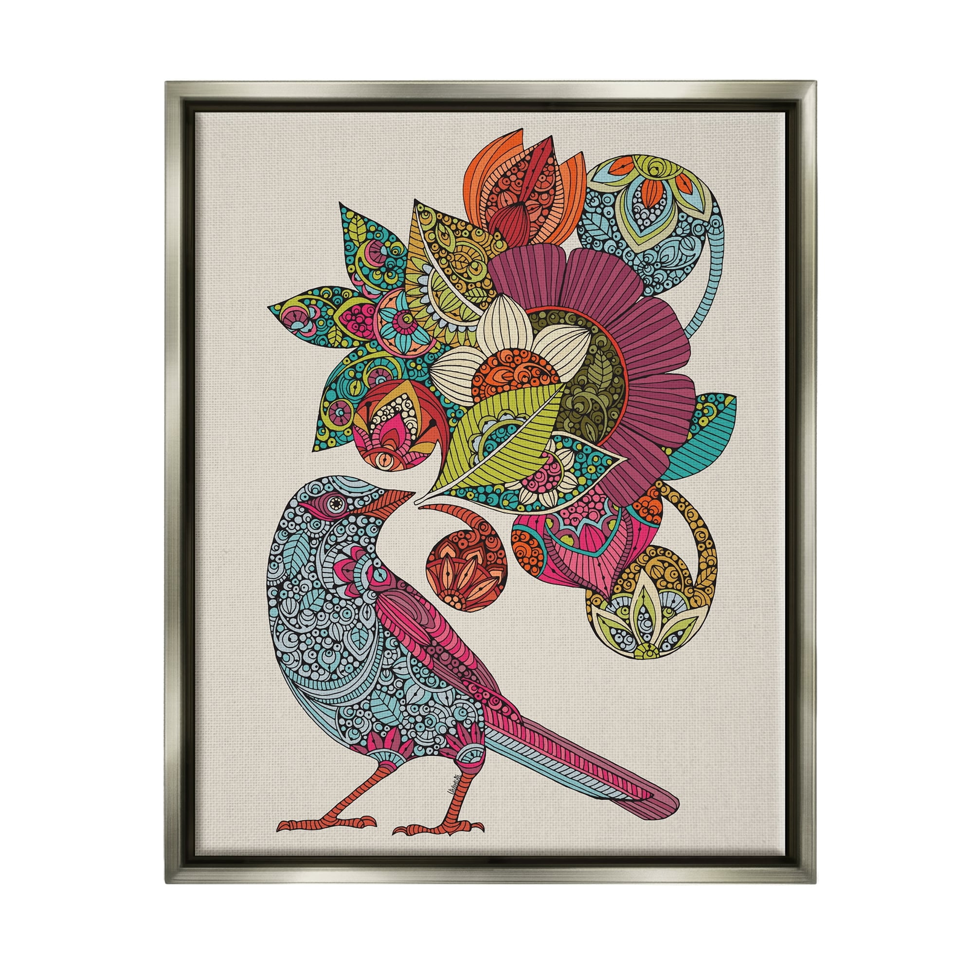 Stupell Industries Abstract Song Bird Paisley Pattern Floral Mandala Graphic Art Luster Gray Floating Framed Canvas Print Wall Art, Design by Valentina Harper