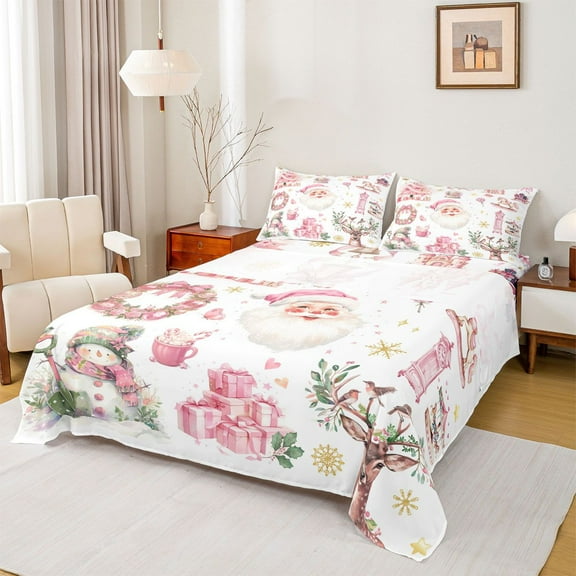 Homewish Kawaii Santa Claus Snowman 3pcs Twin Sheet Sets For Children Teens Adults,Happy Christmas Xmas Twin Fitted Sheet,Dreamy Princess Breathable Flat Sheet,Super Cozy Room Decor