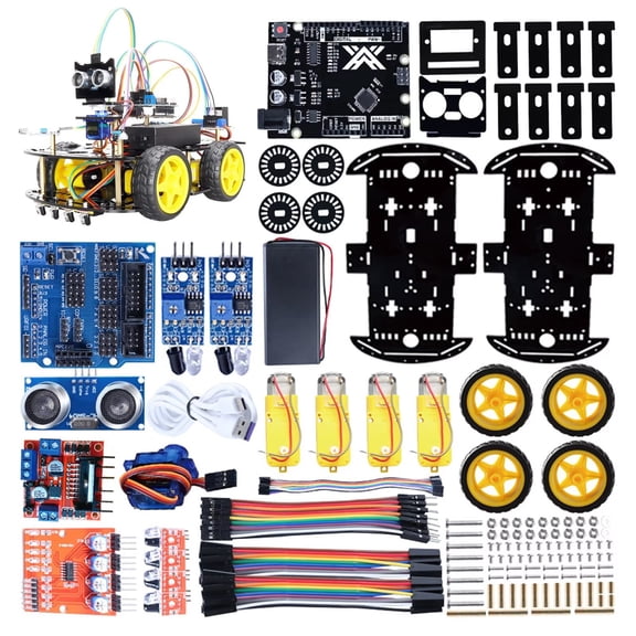 HUAYUXIN Smart Robot Car Kit, 4WD Robot Kit STEM Line Tracing and Obstacle Avoidance DIY Robotic Starter Kit 328 IDE C/C++ Programming