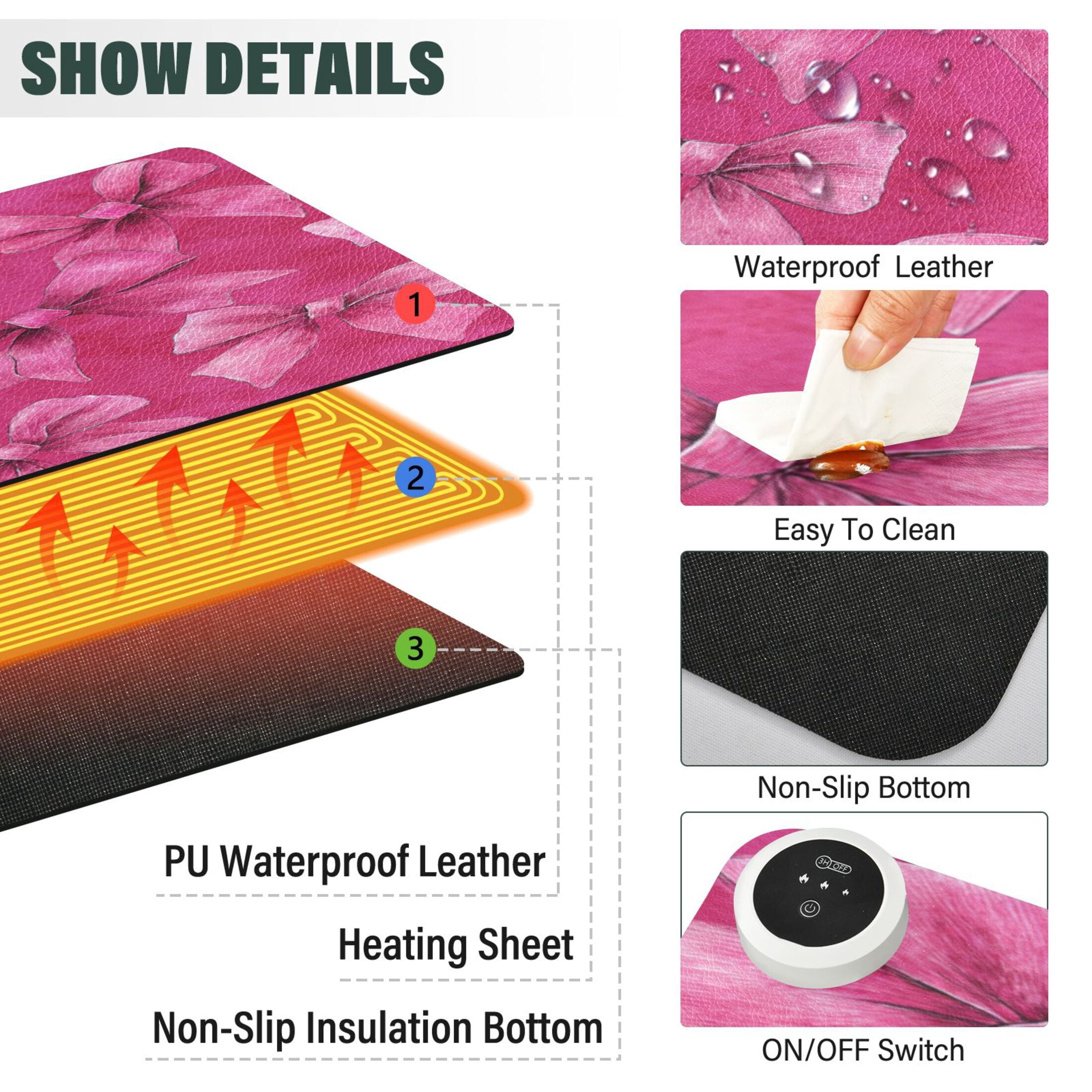 Large Heated Desk Mat Mouse Pad 31.5"x13"PU Leather Graphene Heating Desk Warmer with 3 Temperature Settings 110V US Plug Non-Slip Warm Pad for Home, Office, and Gaming Watercolor Beautiful Pink Bows