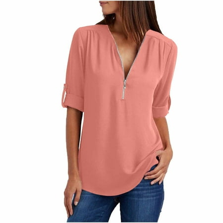 

Zip Up V Neck Womens Tops Hide Belly Tunic Ruched Chiffon Blouses Casual Rolled Sleeve Loose Fitting Business Shirts